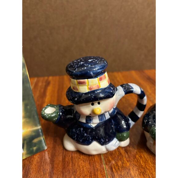 Vintage Heartfelt Kitchen Creations Snowman Blue Cream And Sugar Set Christmas - Picture 9 of 9
